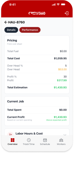 Job pricing screen